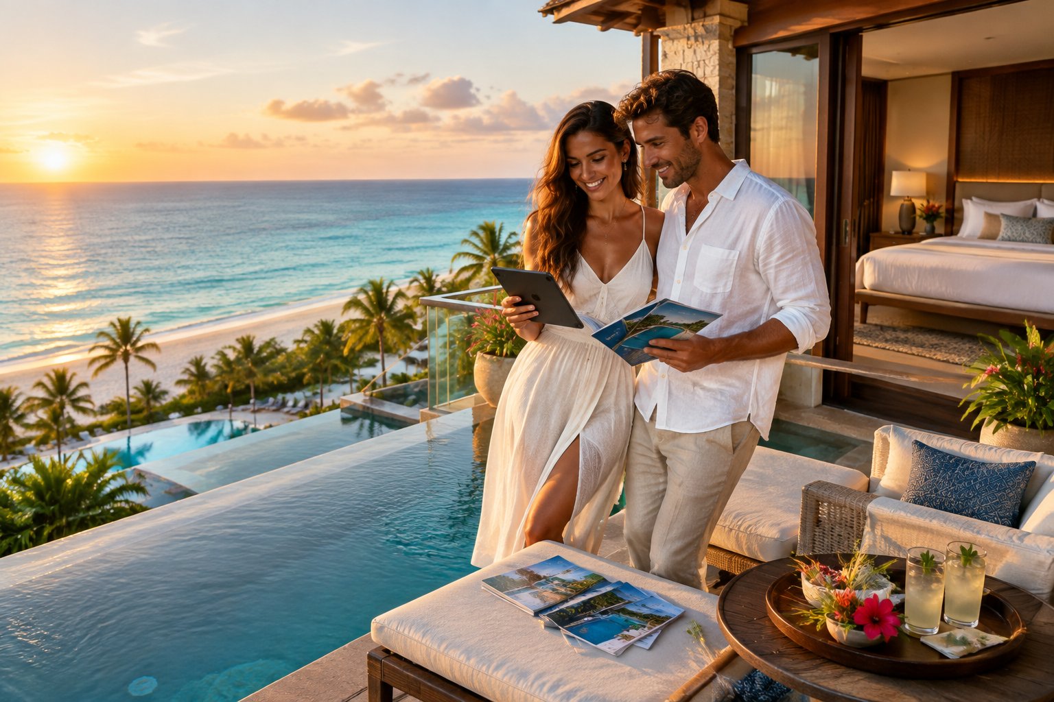 Newlywed couple comparing resort suite options on a tropical hotel terrace overlooking the ocean.