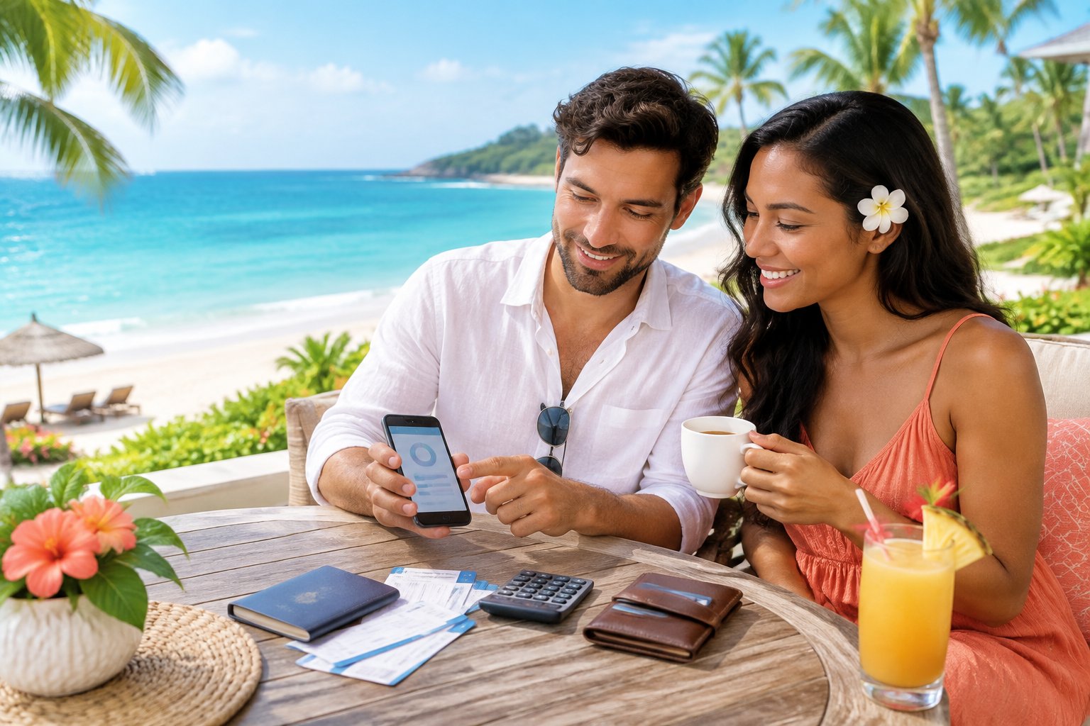 Newlywed couple planning their tropical all-inclusive honeymoon budget at a resort table by the ocean.
