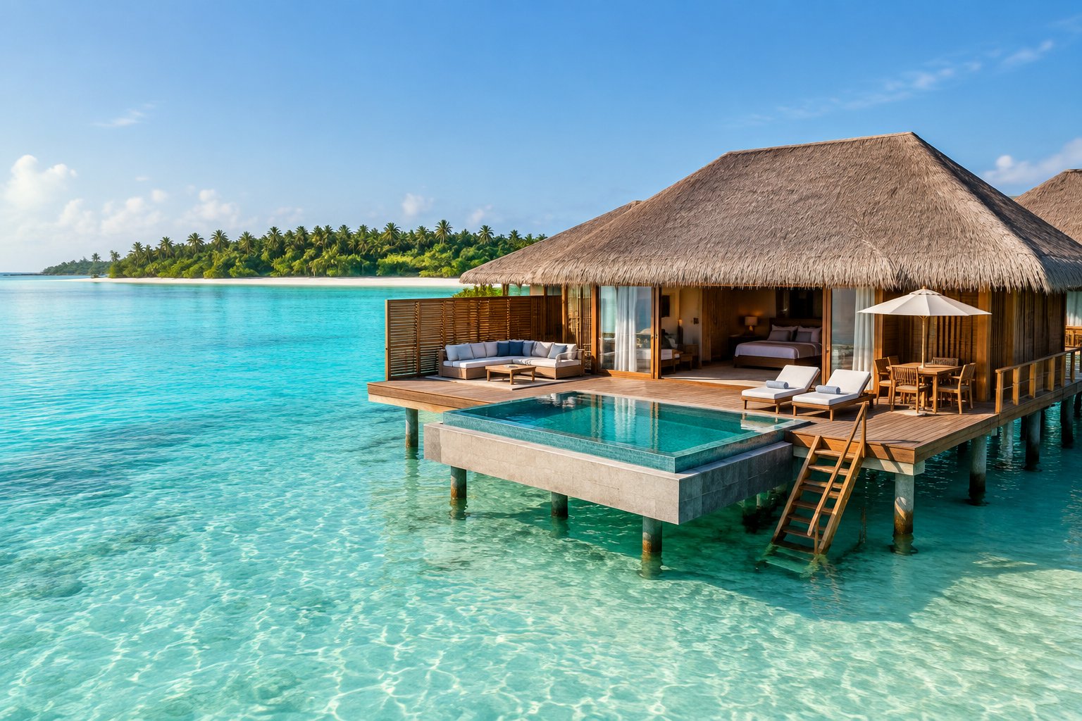 A luxurious overwater bungalow with a private pool surrounded by a turquoise tropical lagoon.