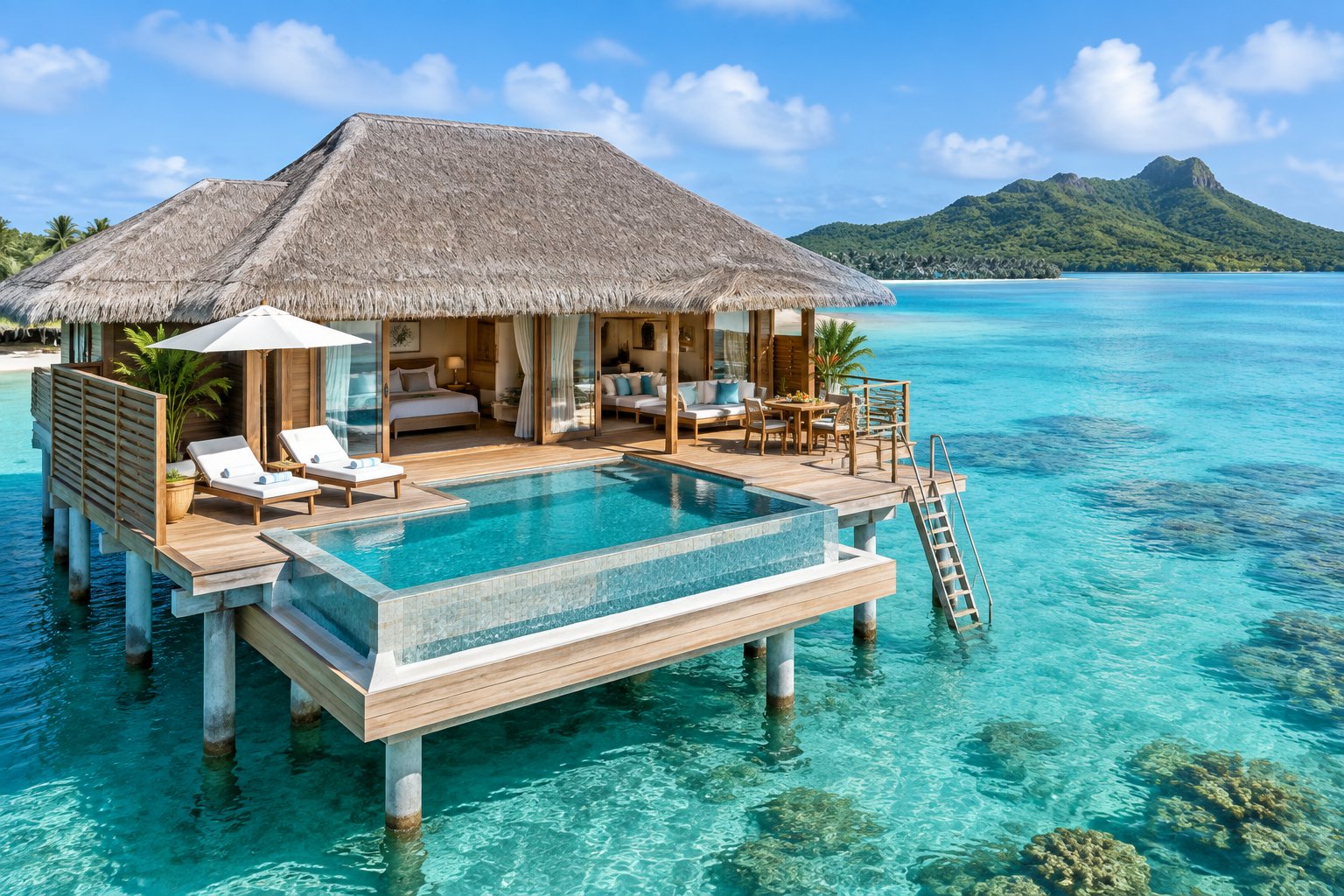 A luxury overwater bungalow with a private pool on a clear tropical lagoon.