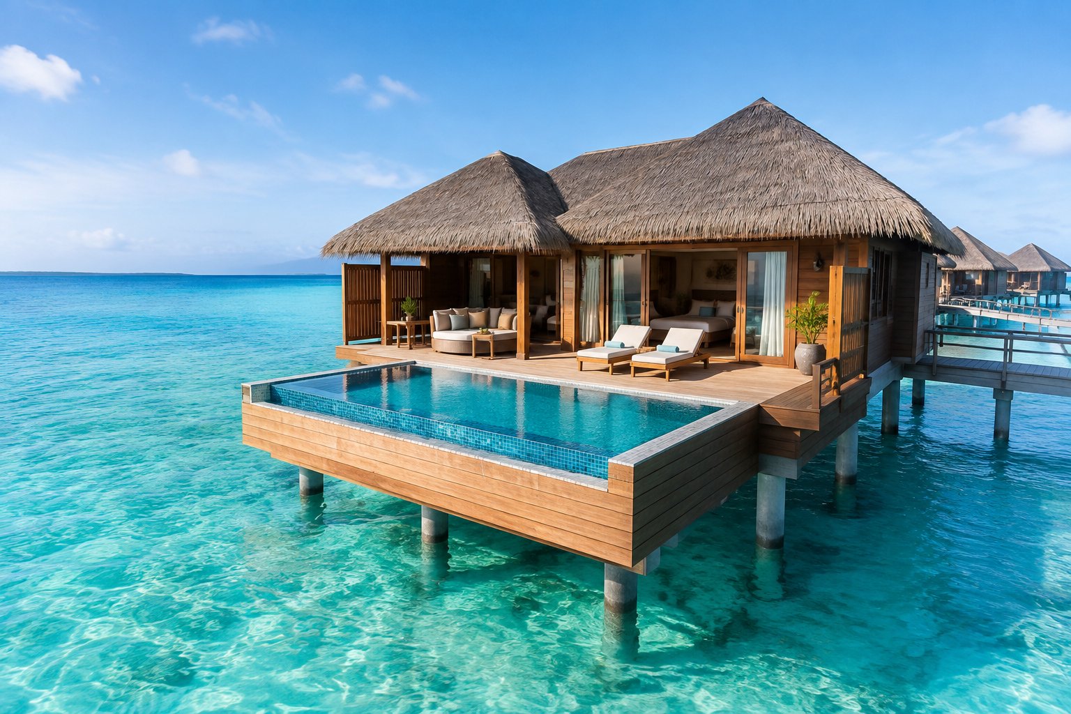A luxurious overwater bungalow with a private pool above a clear tropical lagoon.