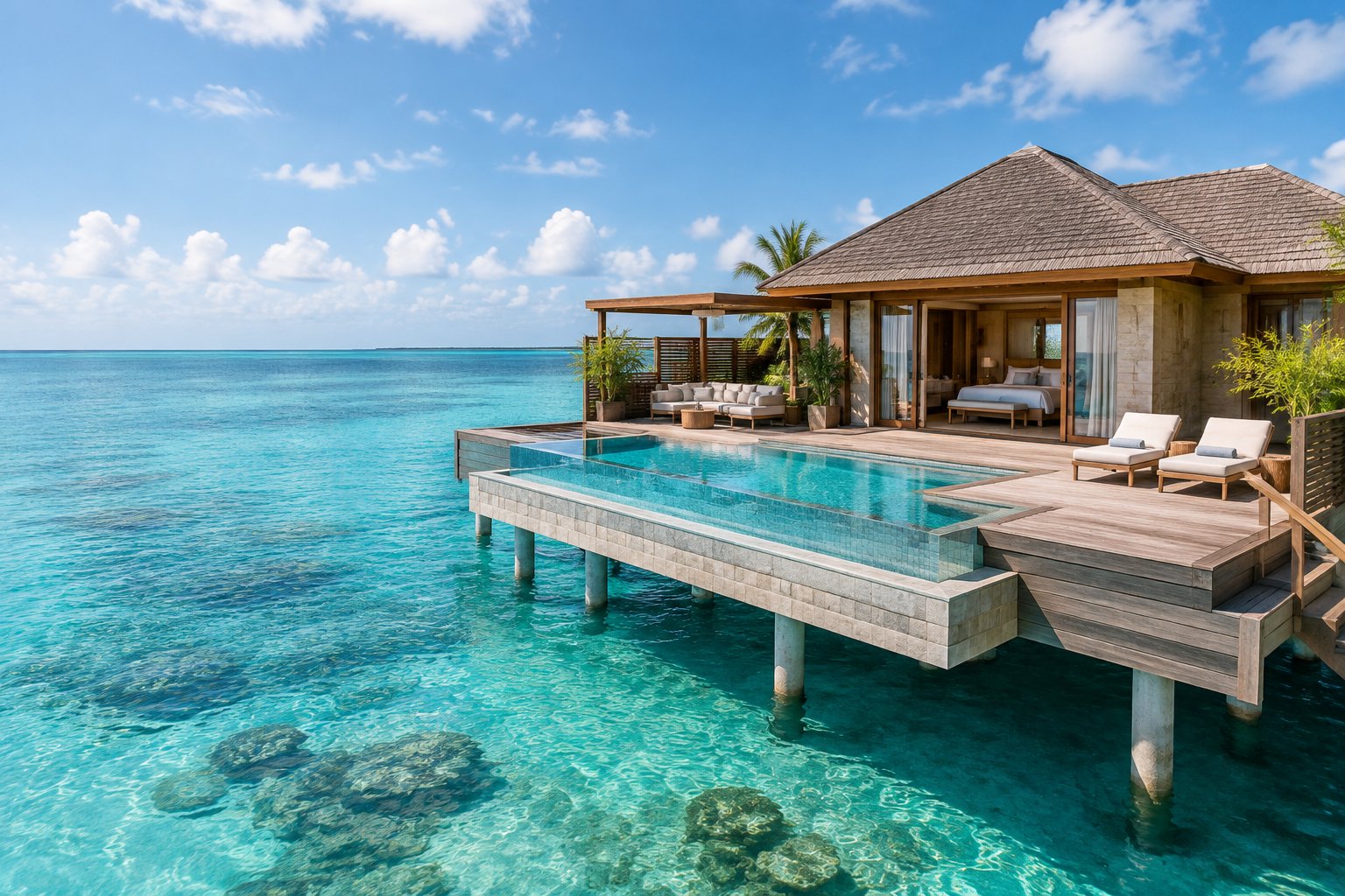 A luxury overwater bungalow with a private infinity pool surrounded by clear turquoise ocean.
