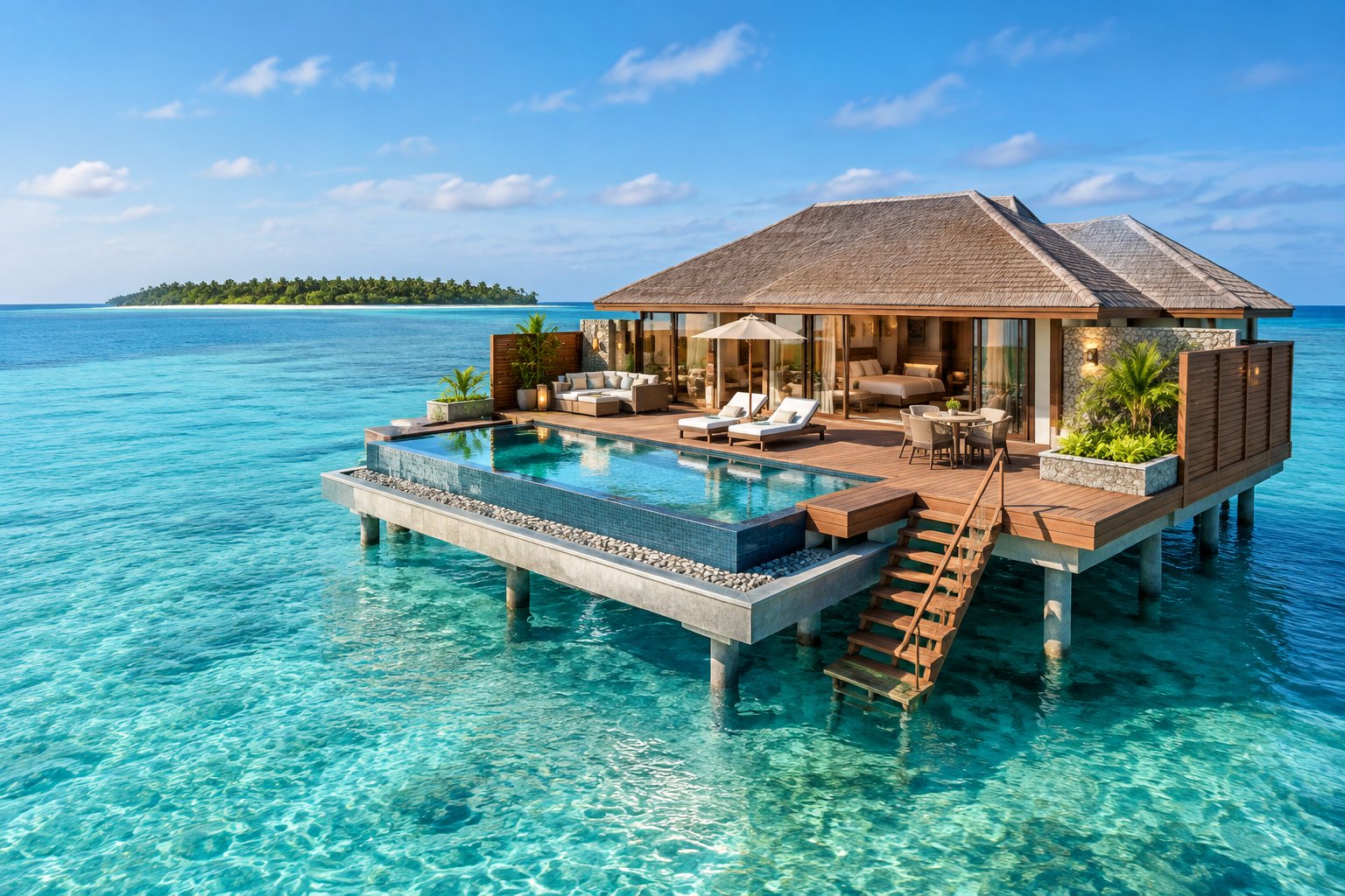 A luxurious overwater bungalow with a private pool surrounded by turquoise tropical water.