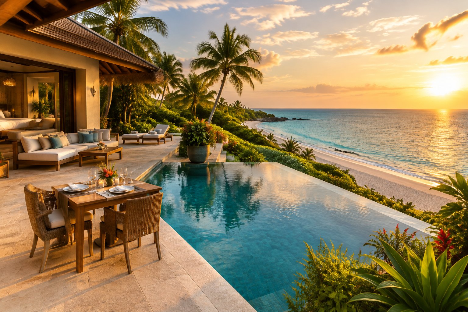 A luxurious tropical honeymoon villa with a private infinity pool, ocean view, and romantic outdoor dining area.