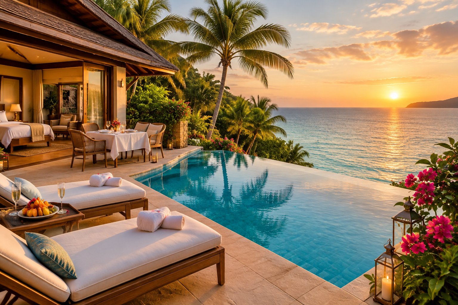 A luxurious tropical honeymoon villa with a private infinity pool, ocean view, and outdoor dining area for two.