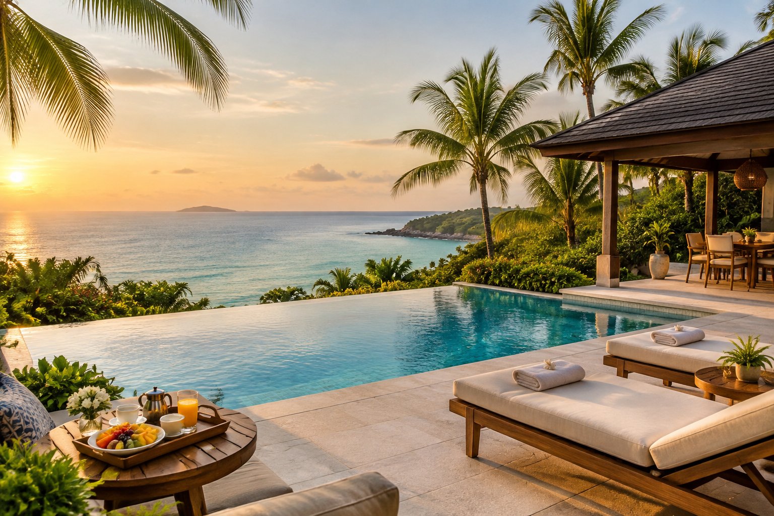 A secluded tropical honeymoon villa with a private infinity pool, outdoor loungers, and breakfast overlooking the sea.