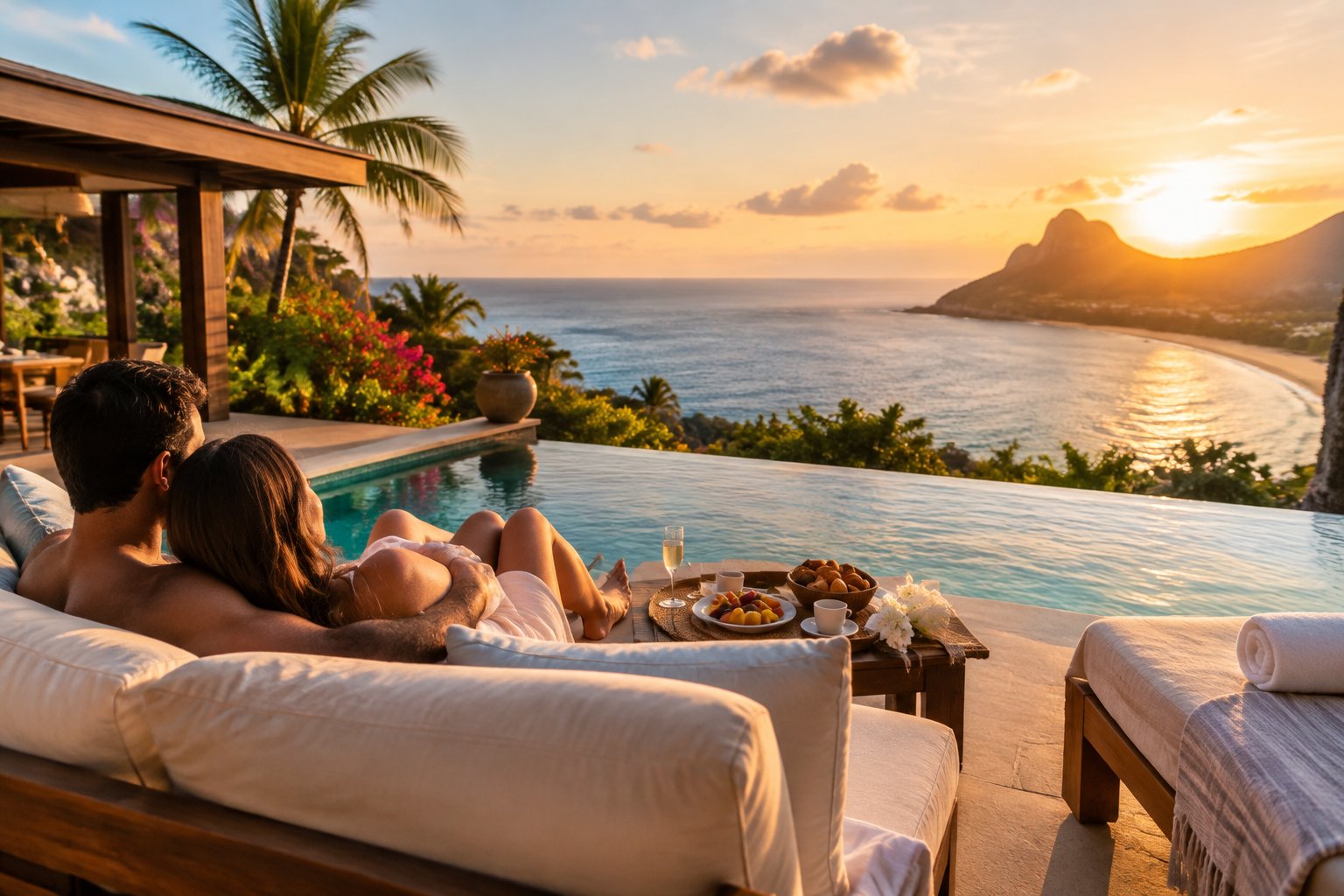 A couple relaxes on a private villa terrace overlooking a tropical ocean, with an infinity pool, breakfast, and champagne nearby.