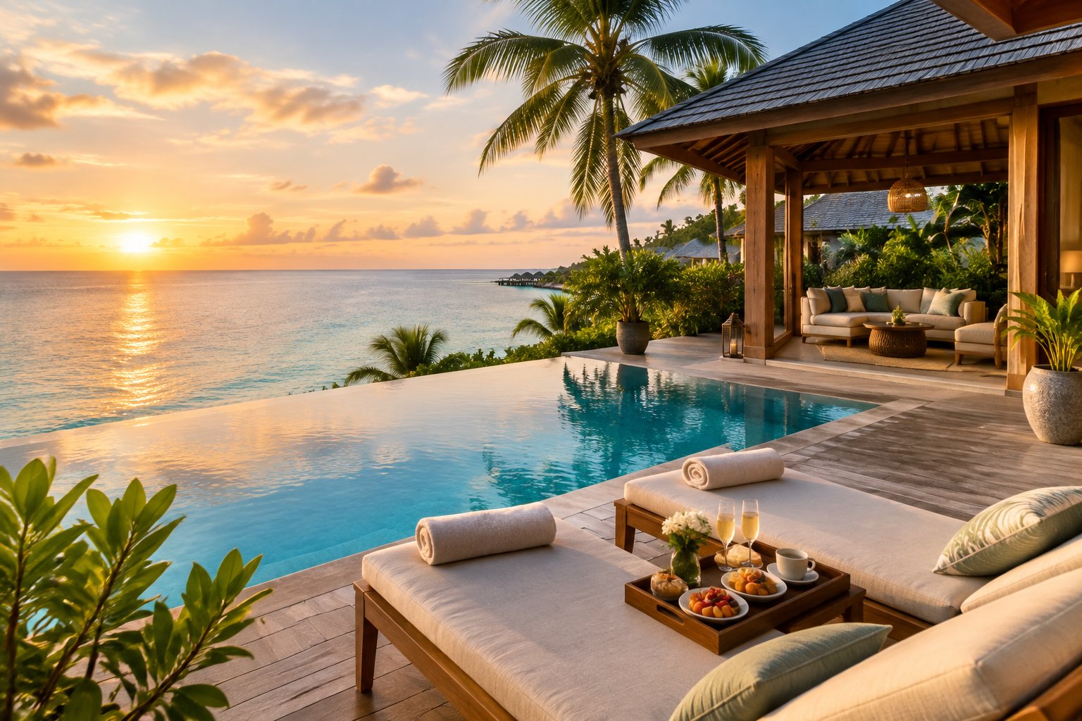 A luxurious private tropical villa with an infinity pool overlooking the ocean, surrounded by palms and furnished for a romantic getaway.