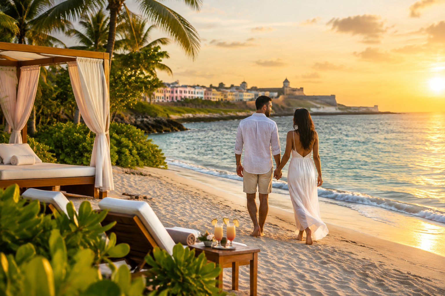 A couple walks along a tropical beach beside a luxury resort in San Juan.