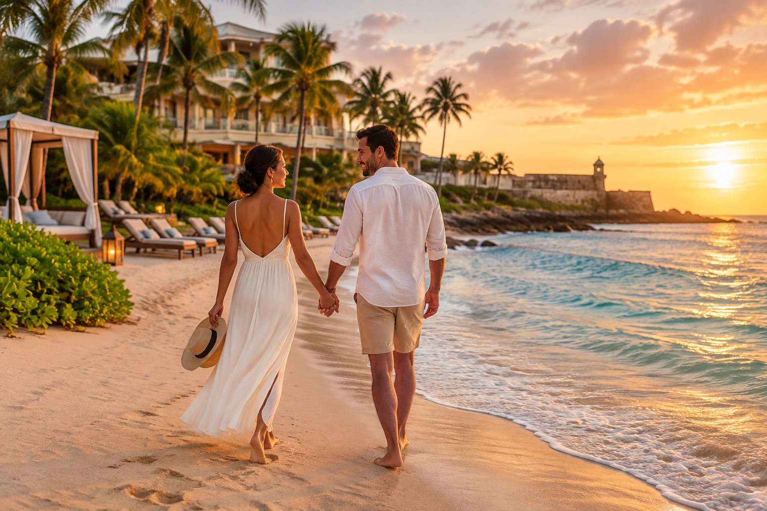 A newlywed couple walks hand in hand along a tropical beach beside a resort at sunset.
