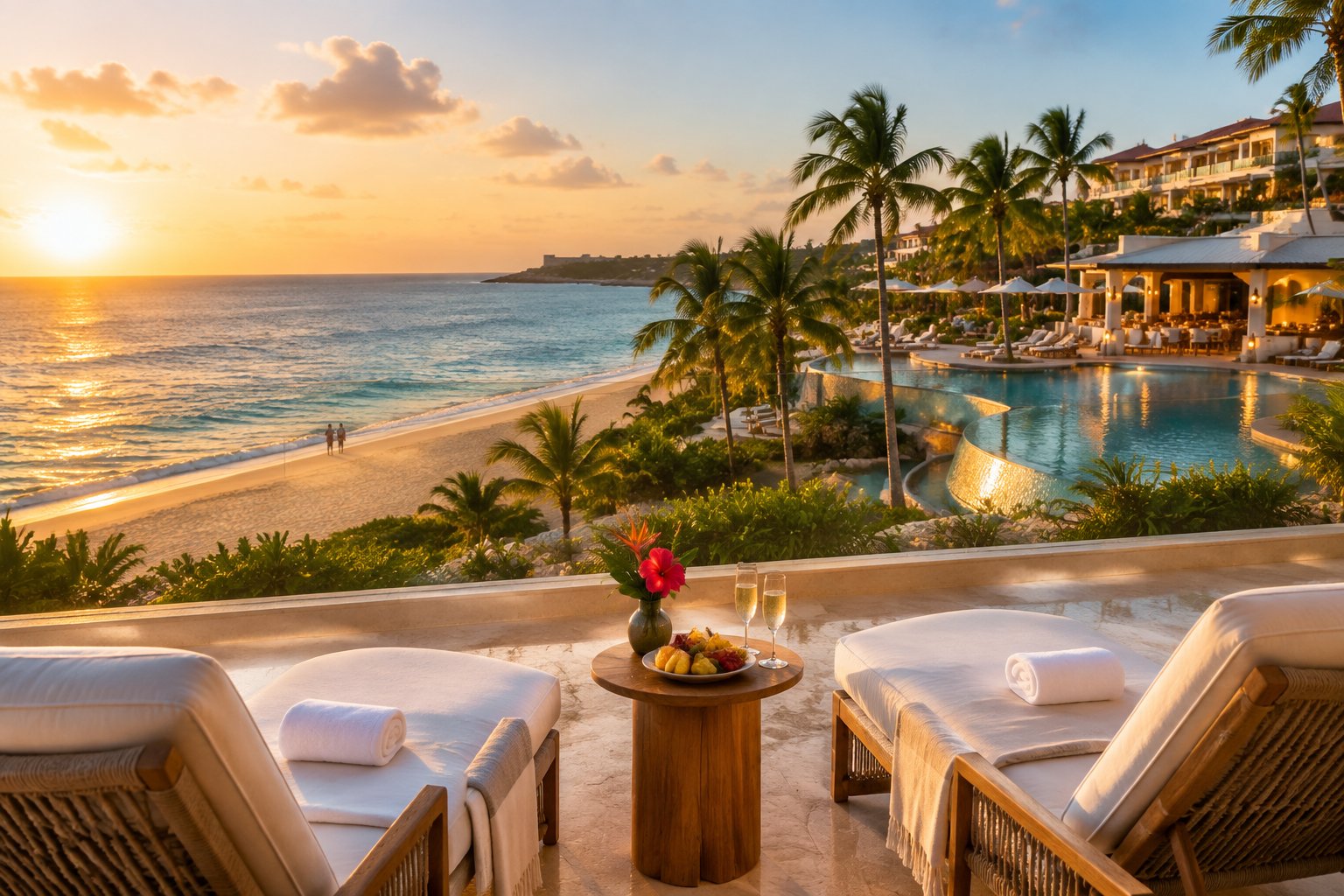A romantic beachfront resort in San Juan with lounge chairs, palm trees, turquoise water, and a glowing sunset.