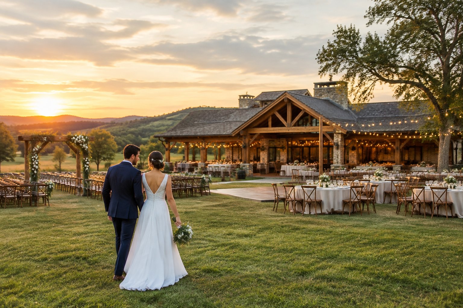 A newlywed couple walks toward a decorated ranch wedding venue surrounded by meadows and rolling hills.