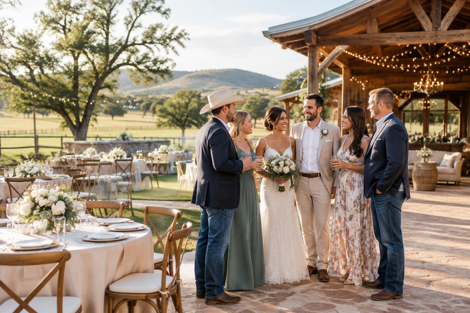 Newlyweds and guests celebrate outdoors at a decorated ranch wedding venue surrounded by green fields and rolling hills.