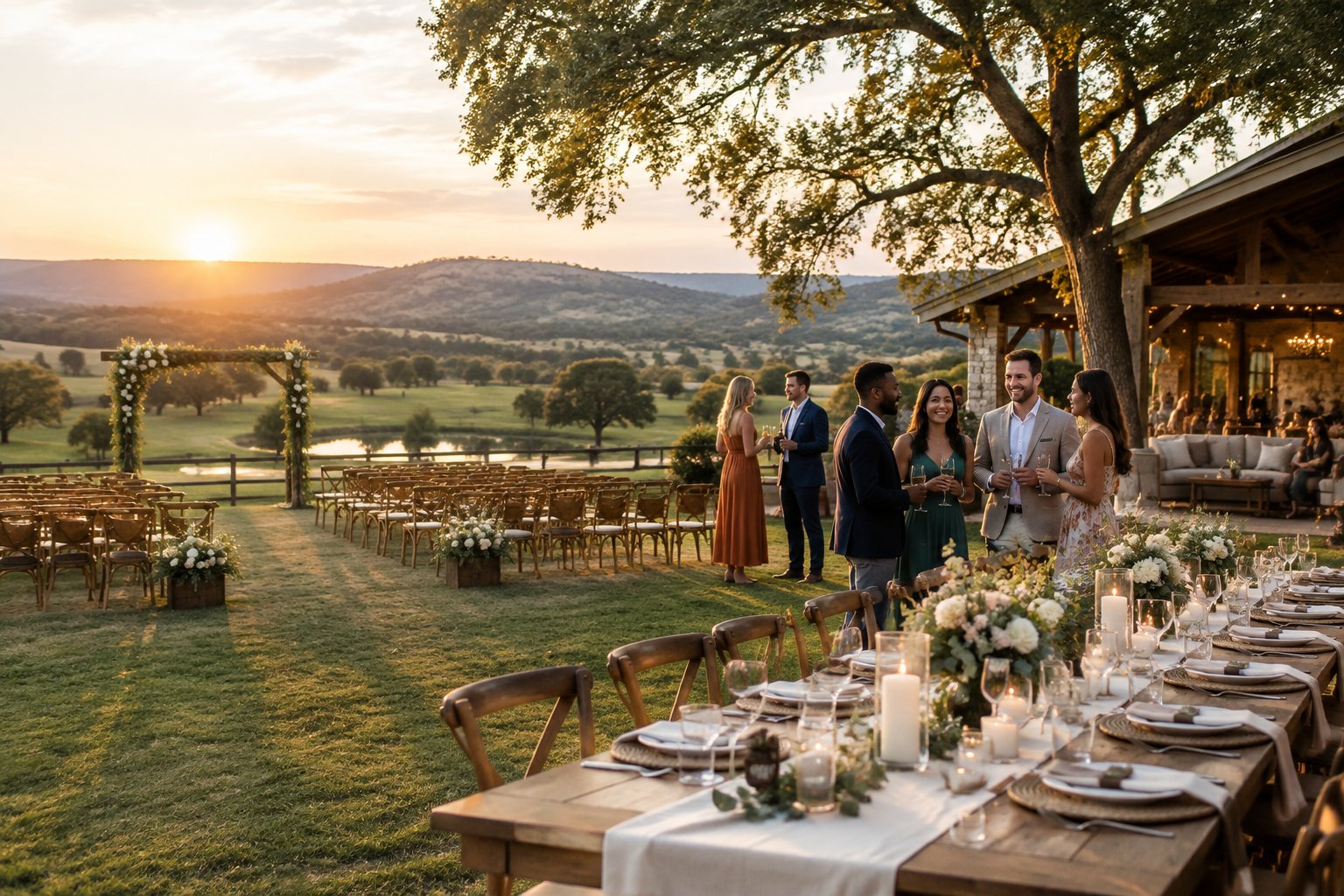 Guests gather at an elegant outdoor wedding setup on a scenic ranch surrounded by meadows and hills.
