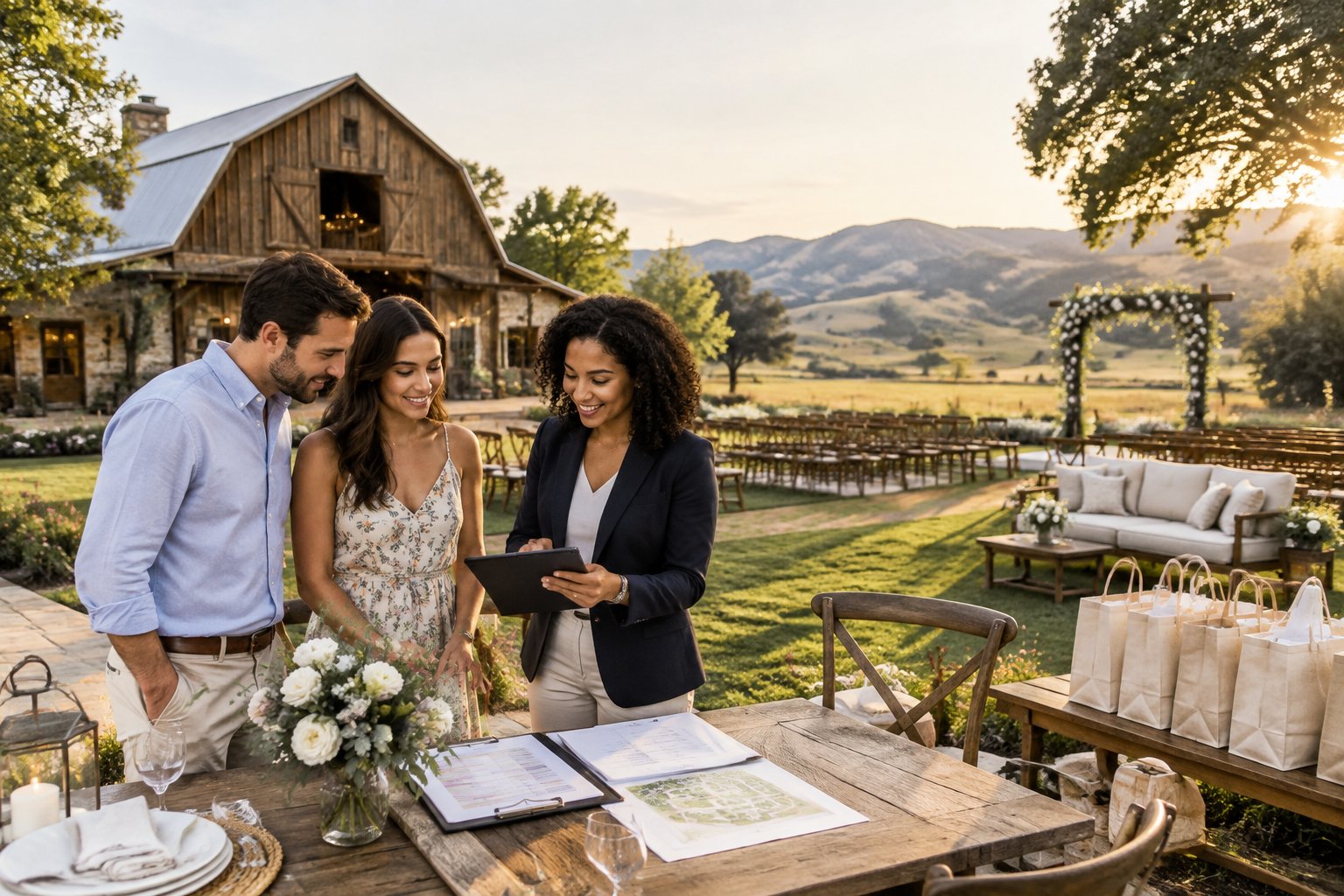 A couple and venue coordinator plan a wedding weekend at a scenic ranch venue.