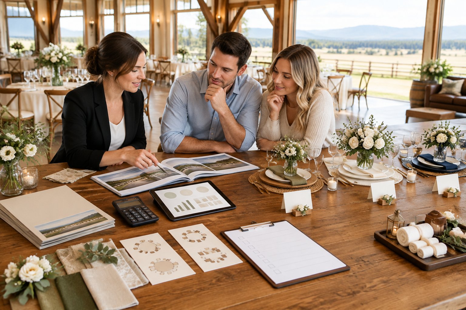 A couple and a wedding coordinator compare venue planning materials at a rustic ranch reception table.