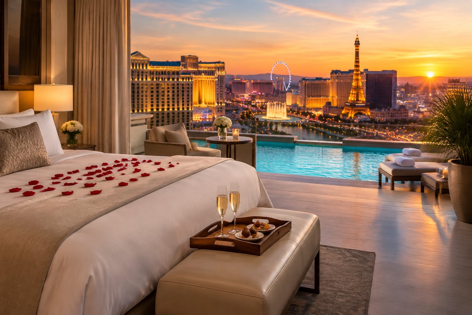 A romantic luxury resort suite and balcony overlooking the illuminated Las Vegas Strip, with champagne and rose petals prepared for honeymoon guests.