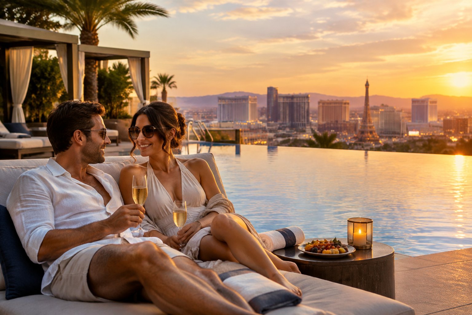 A newlywed couple relaxes together beside a luxury resort pool overlooking the Las Vegas skyline at sunset.