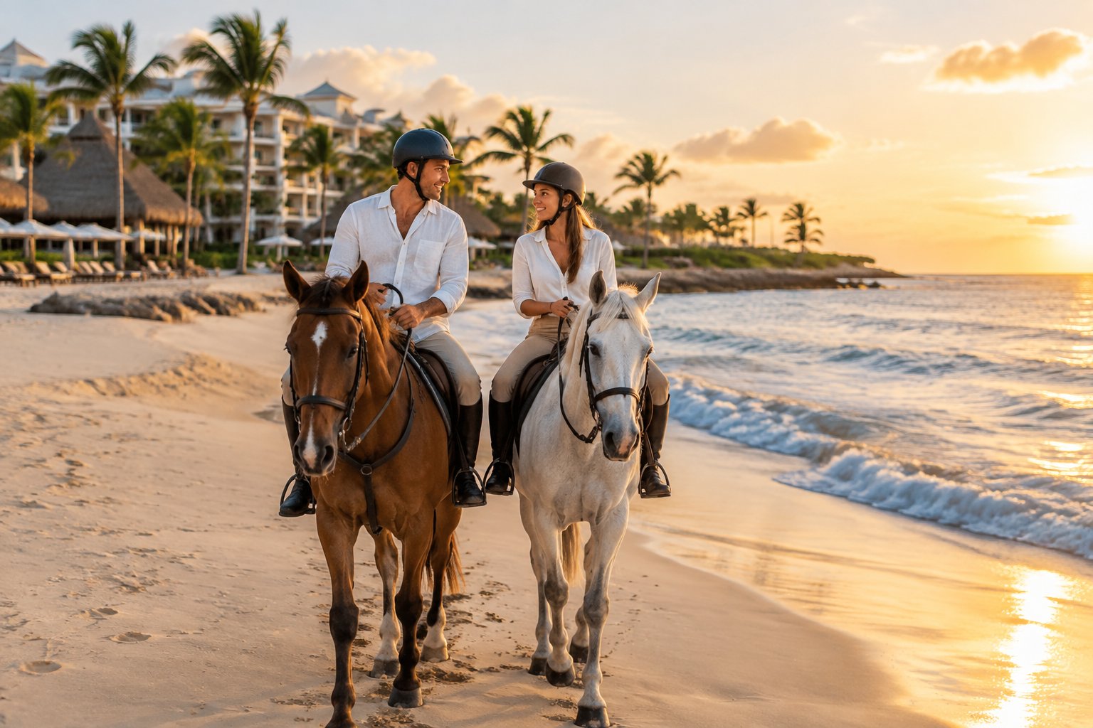 Newlywed couple horseback riding together along a tropical beach beside a luxury resort.