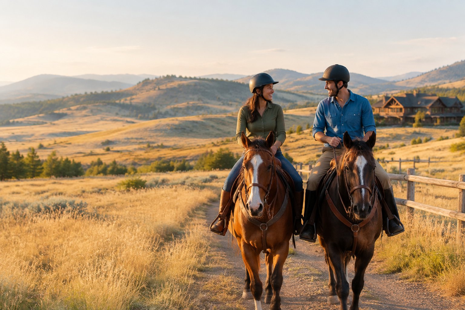 A newlywed couple rides horses together along a scenic trail at a ranch resort.