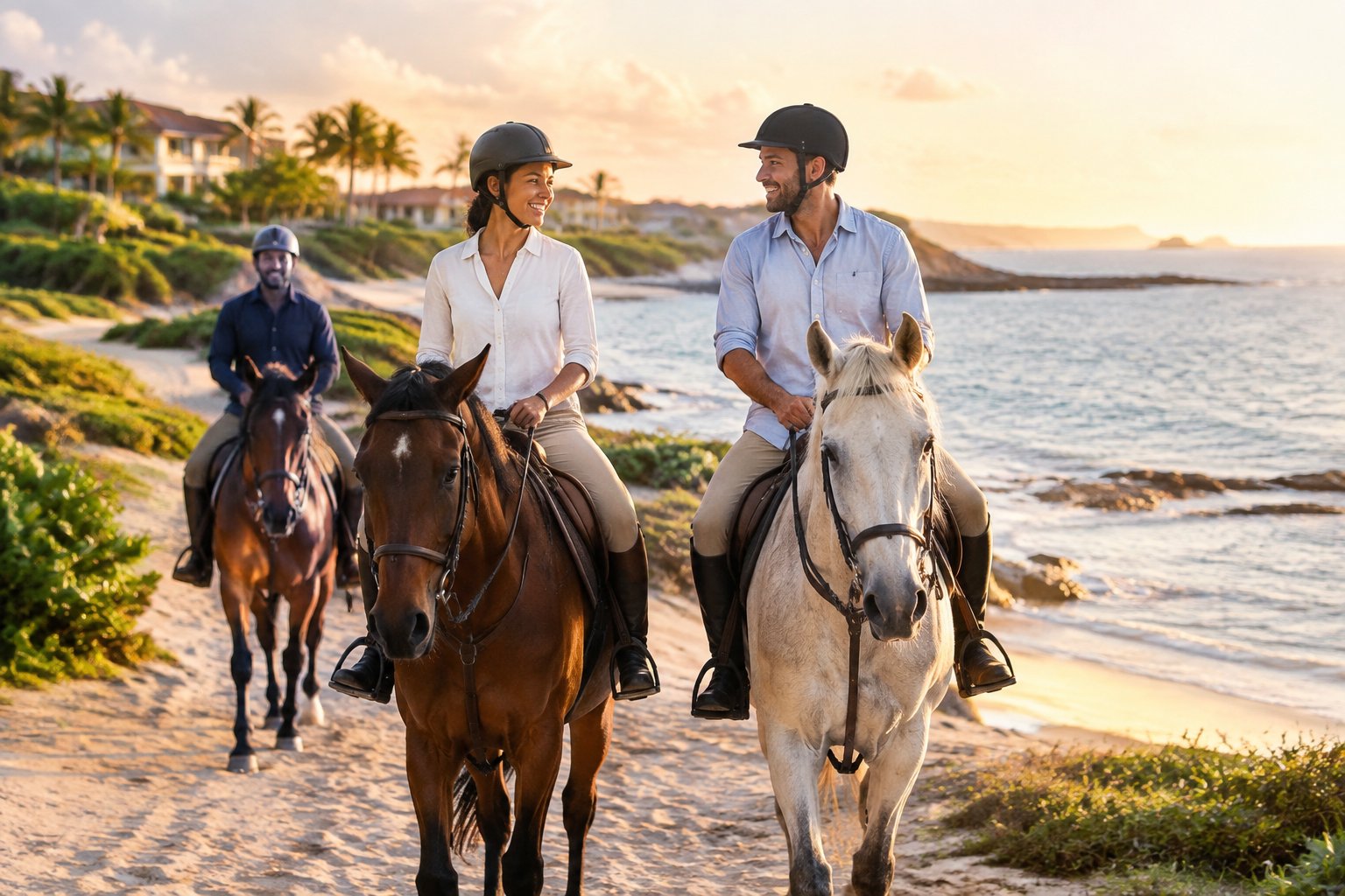 A newlywed couple horseback riding together on a scenic trail near a tropical resort.