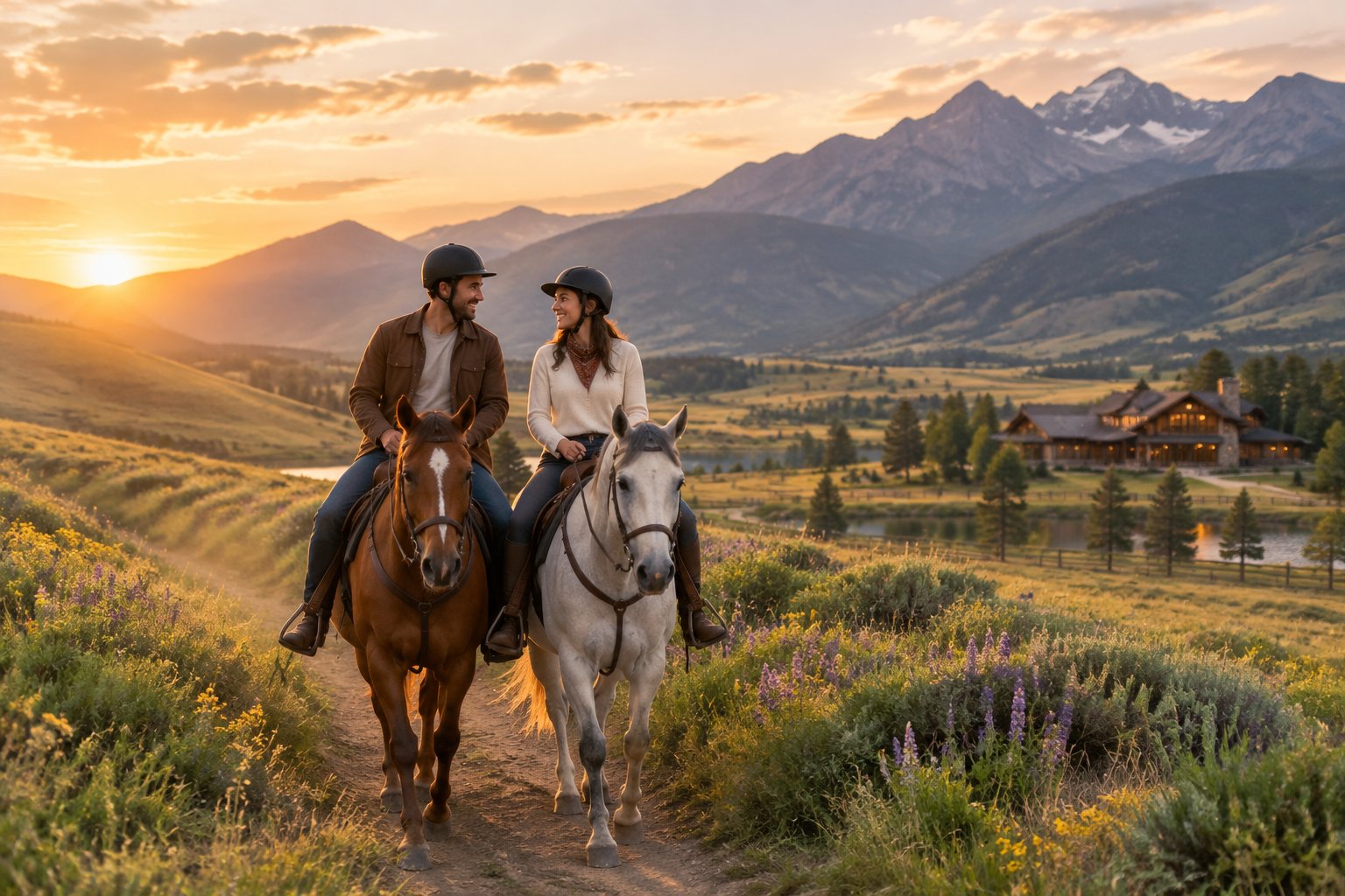 A newlywed couple rides horses together along a scenic ranch trail surrounded by hills and mountains.