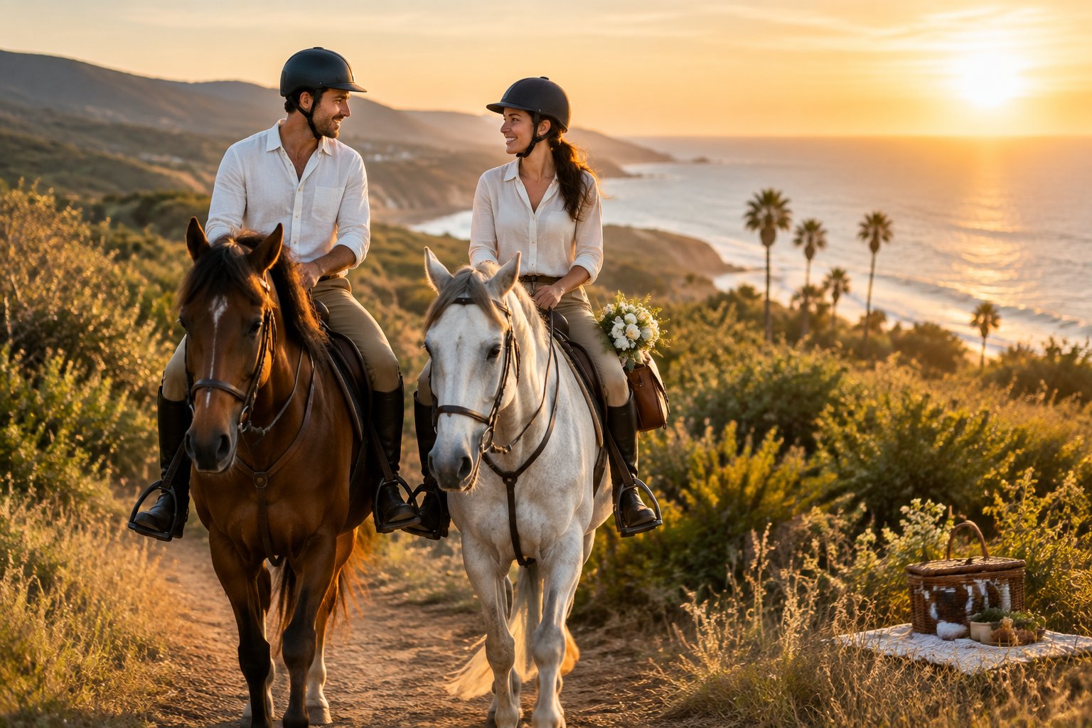 A newlywed couple rides horses together along a scenic coastal trail at sunset.