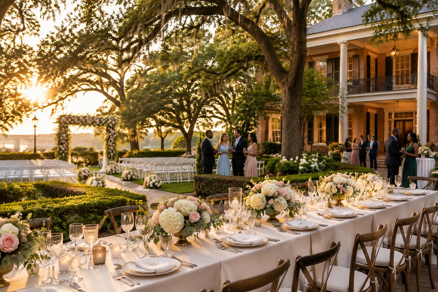 An elegant wedding reception set in a landscaped Baton Rouge garden venue with decorated tables, a floral ceremony arbor, and guests in formal attire.