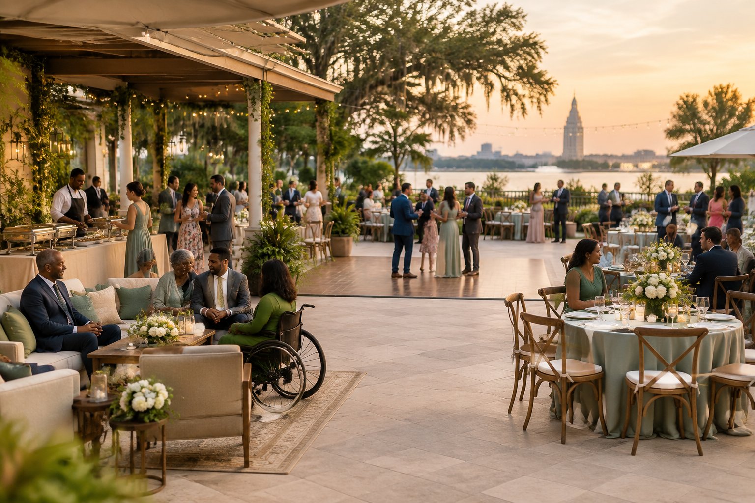 Wedding guests gather at an elegant outdoor reception venue with accessible pathways, comfortable seating, catering stations, and a dance floor.