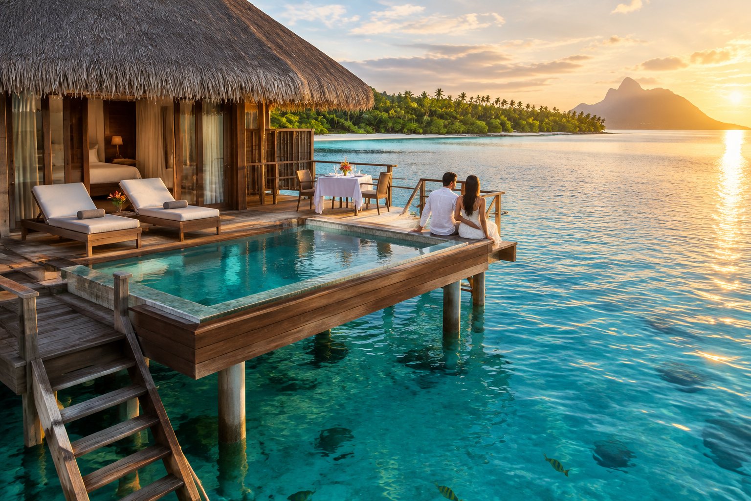 A newlywed couple relaxes on the deck of a luxurious overwater bungalow above a clear tropical lagoon.
