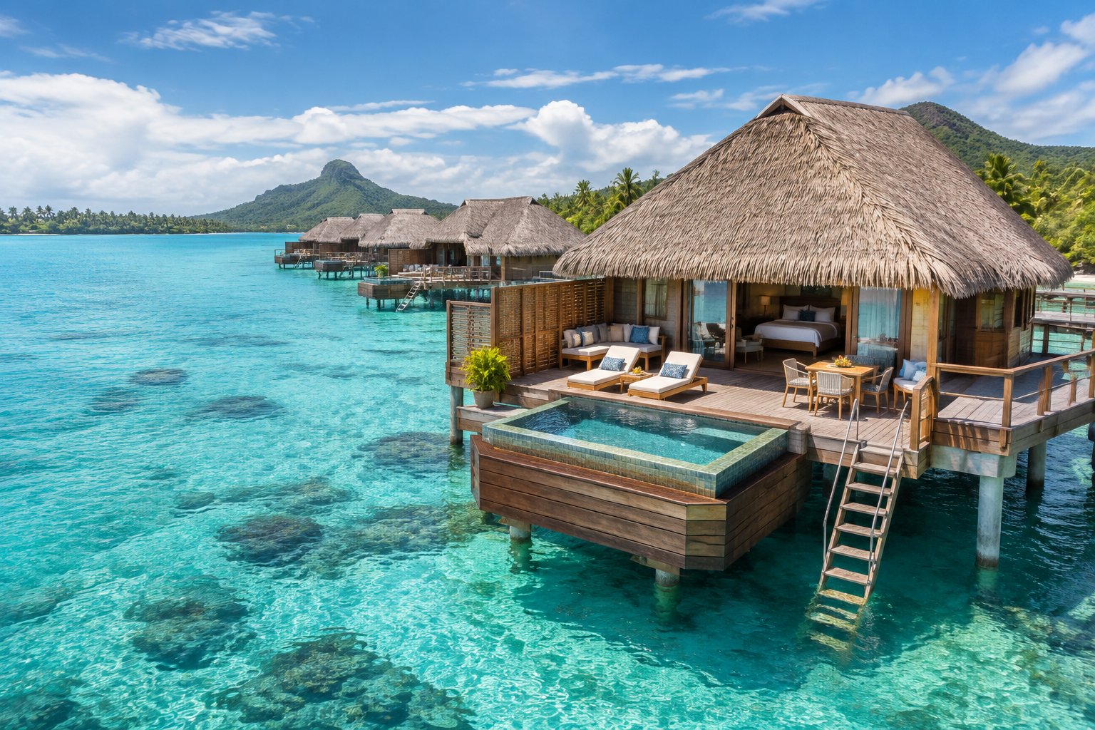 A luxury overwater bungalow with a private deck sits above clear turquoise water in Fiji.