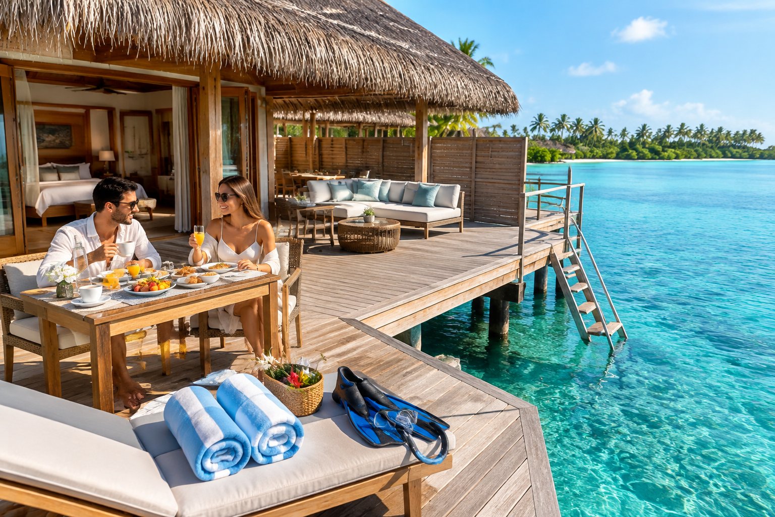 A couple enjoys breakfast and resort amenities on the deck of a tropical overwater bungalow.