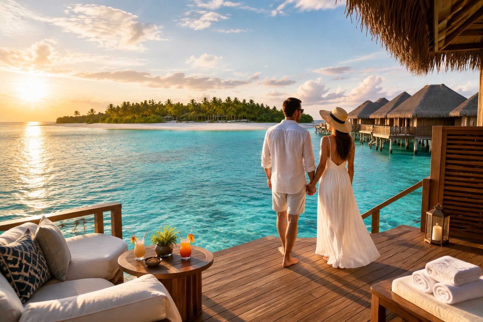 A couple stands hand in hand on the deck of a tropical overwater bungalow above a turquoise lagoon.