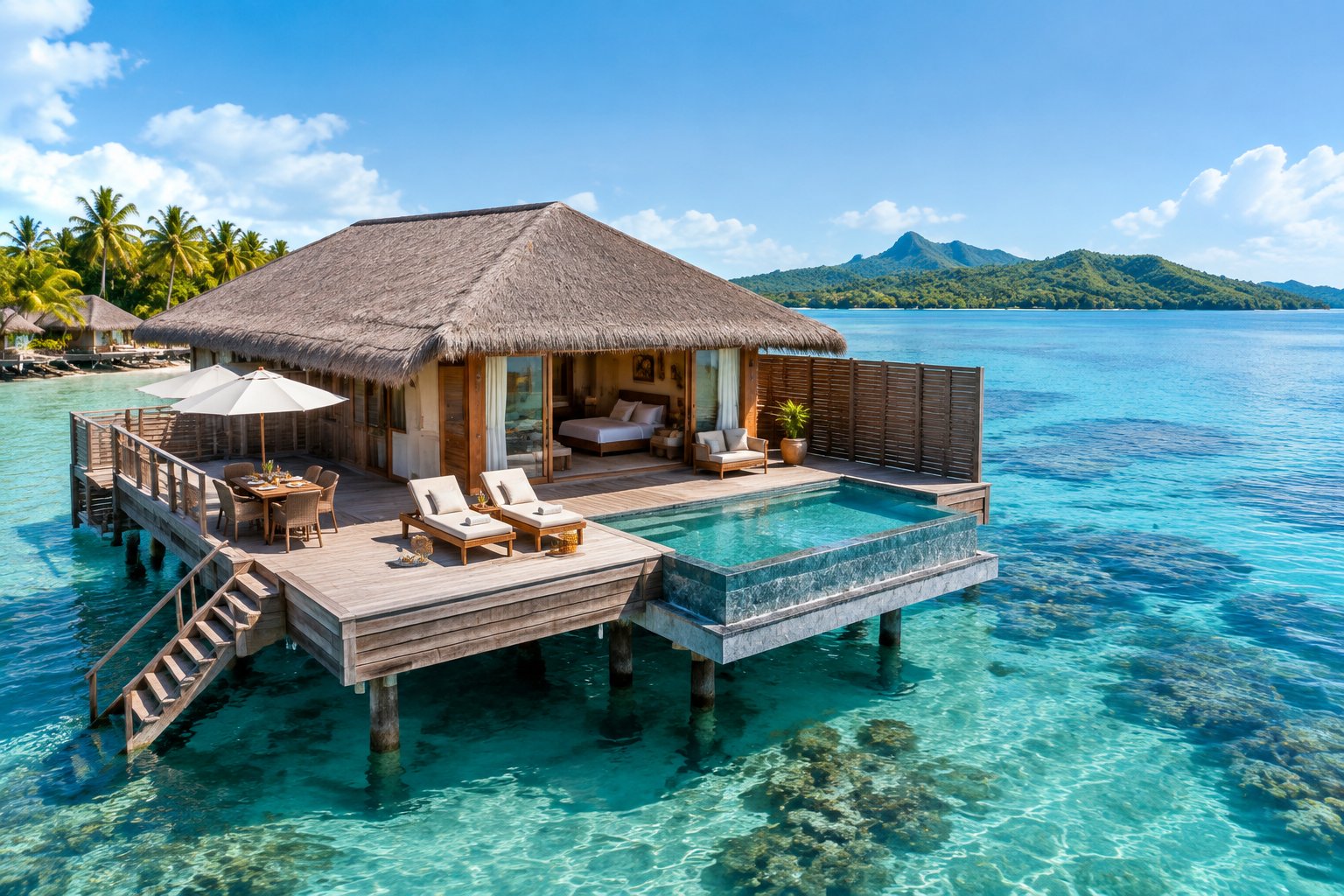 A luxury overwater bungalow with a private deck and pool above a turquoise Fijian lagoon.