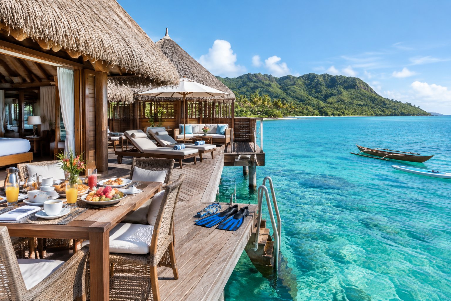 A luxury overwater bungalow in Fiji with a dining table, loungers, and water activities beside a turquoise lagoon.
