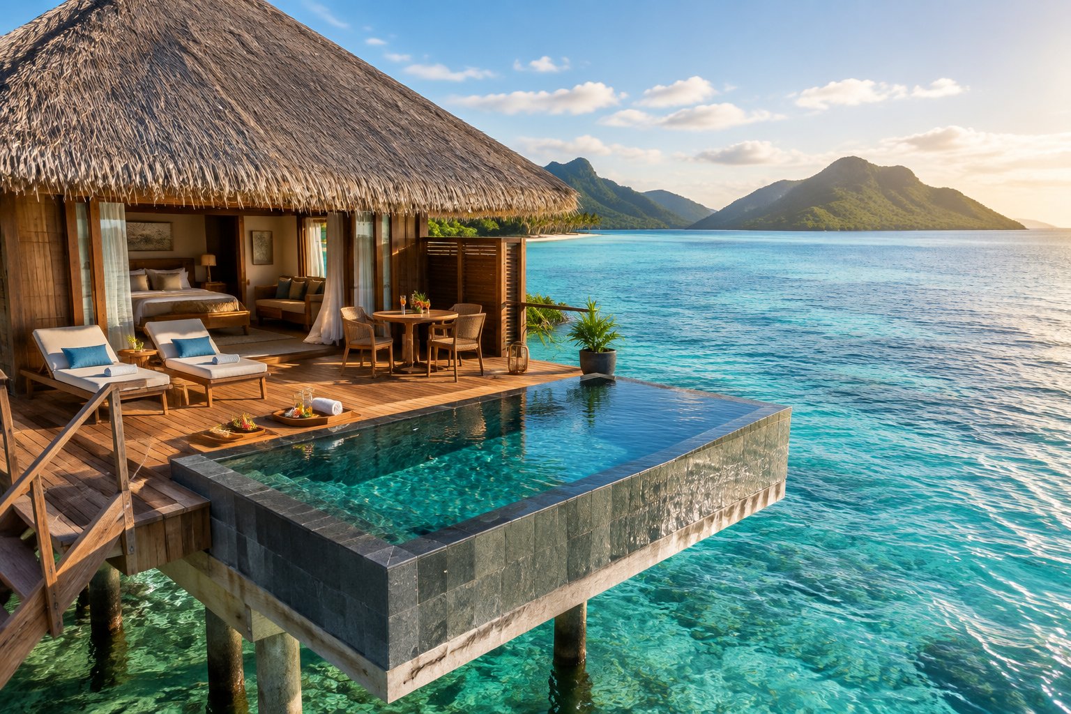 An overwater bungalow with a private deck and plunge pool above a turquoise Fijian lagoon.