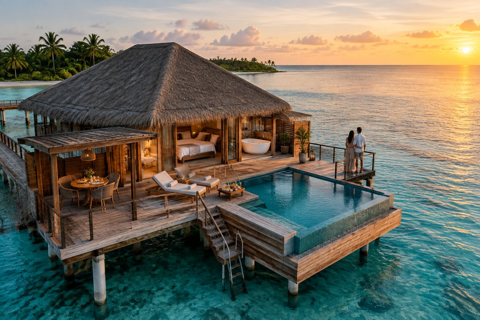 A couple stands on the deck of a luxurious overwater villa overlooking a turquoise tropical lagoon.