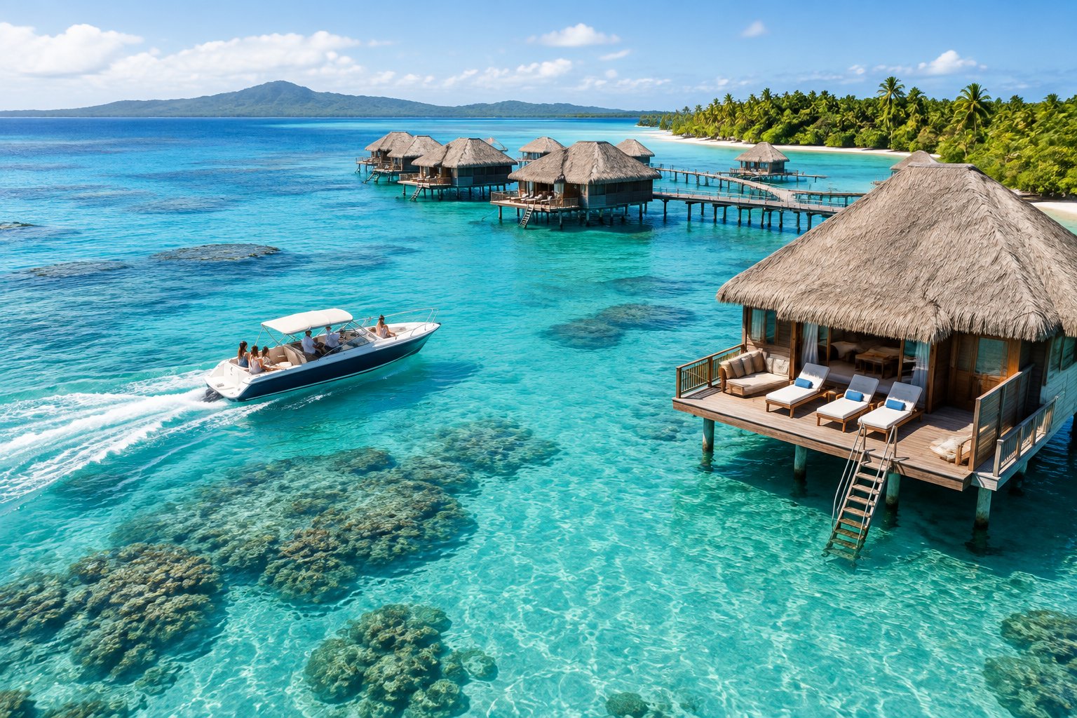 A resort speedboat carries travelers across a turquoise lagoon toward Fiji overwater bungalows.