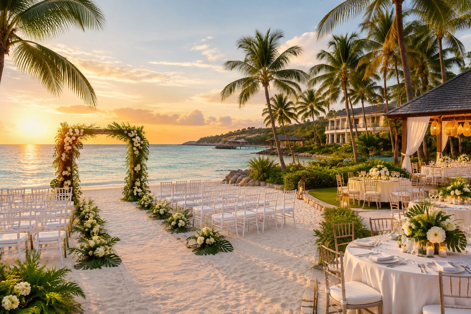 A tropical beach wedding venue with a floral arch, white chairs, palm trees, and turquoise Caribbean water.
