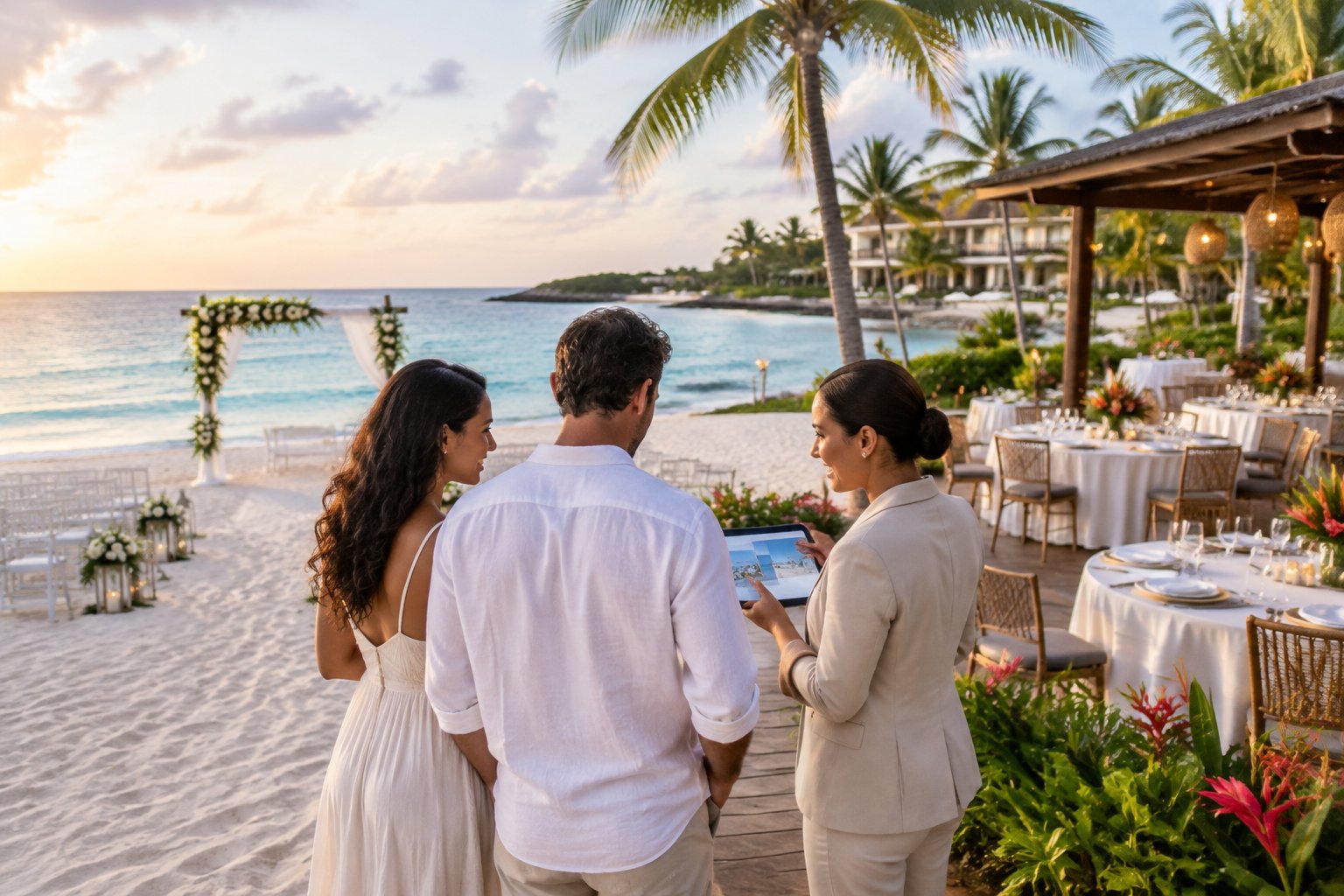 A couple evaluates a tropical beachfront wedding venue at an all-inclusive Caribbean resort.