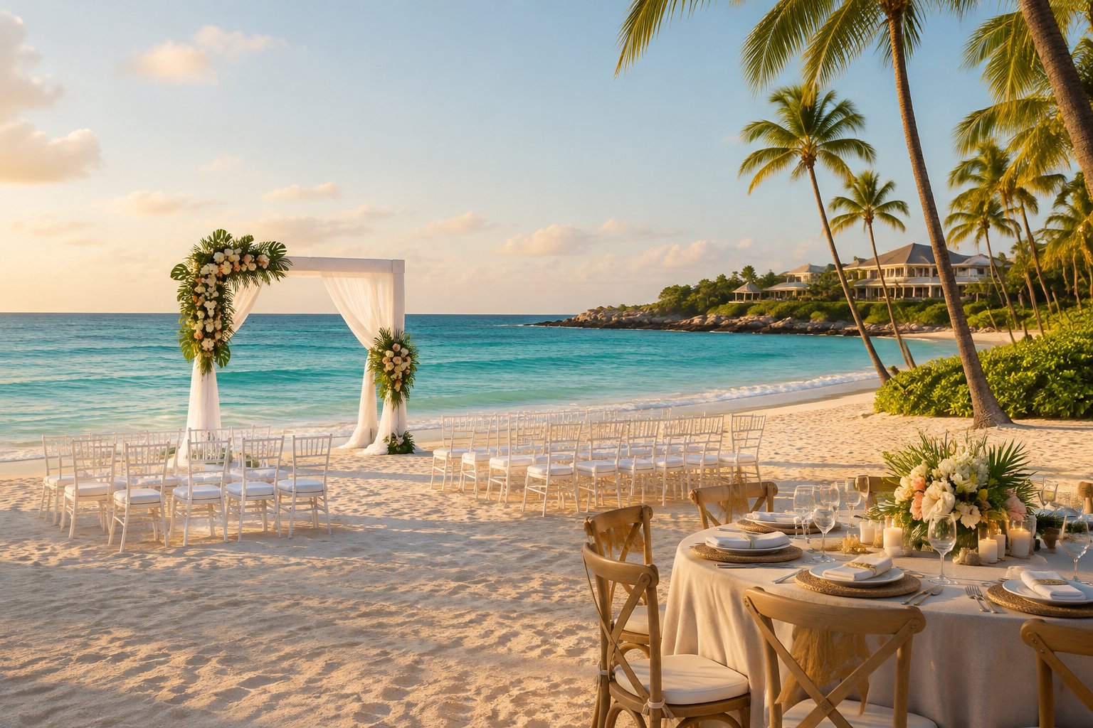 An elegant wedding ceremony setup on a sunny Caribbean beach beside turquoise water and palm trees.