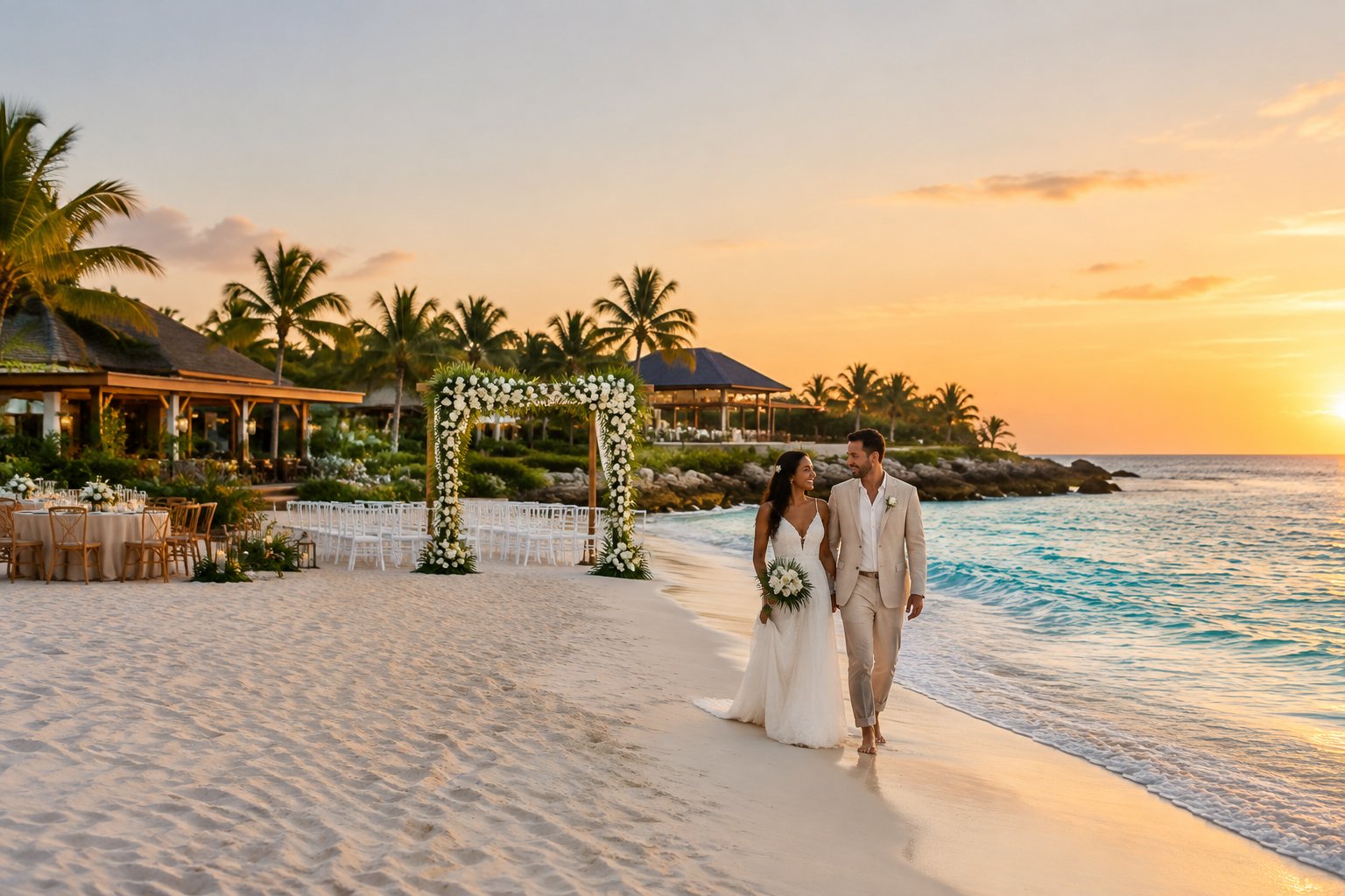 A newlywed couple walks beside a beach ceremony setup at a tropical resort.