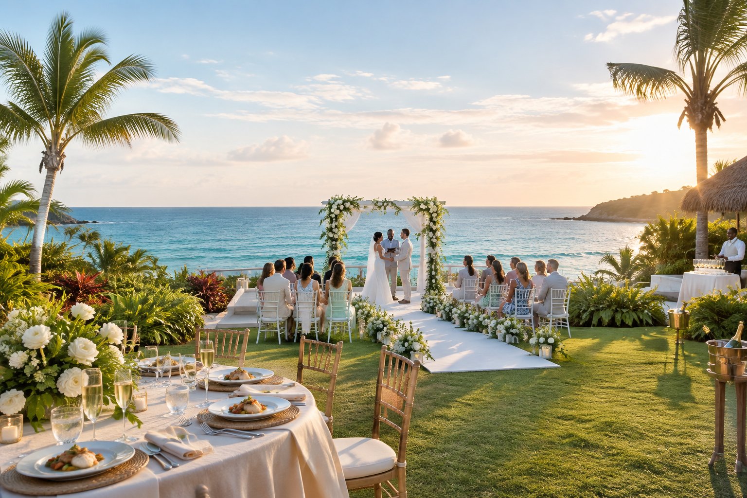 An elegant outdoor wedding ceremony at a tropical Caribbean resort beside turquoise water.