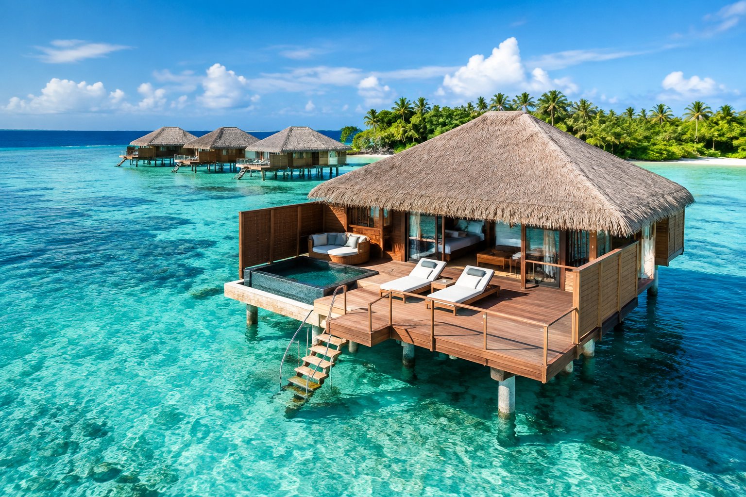 A luxurious overwater bungalow with a private deck above a clear turquoise lagoon.
