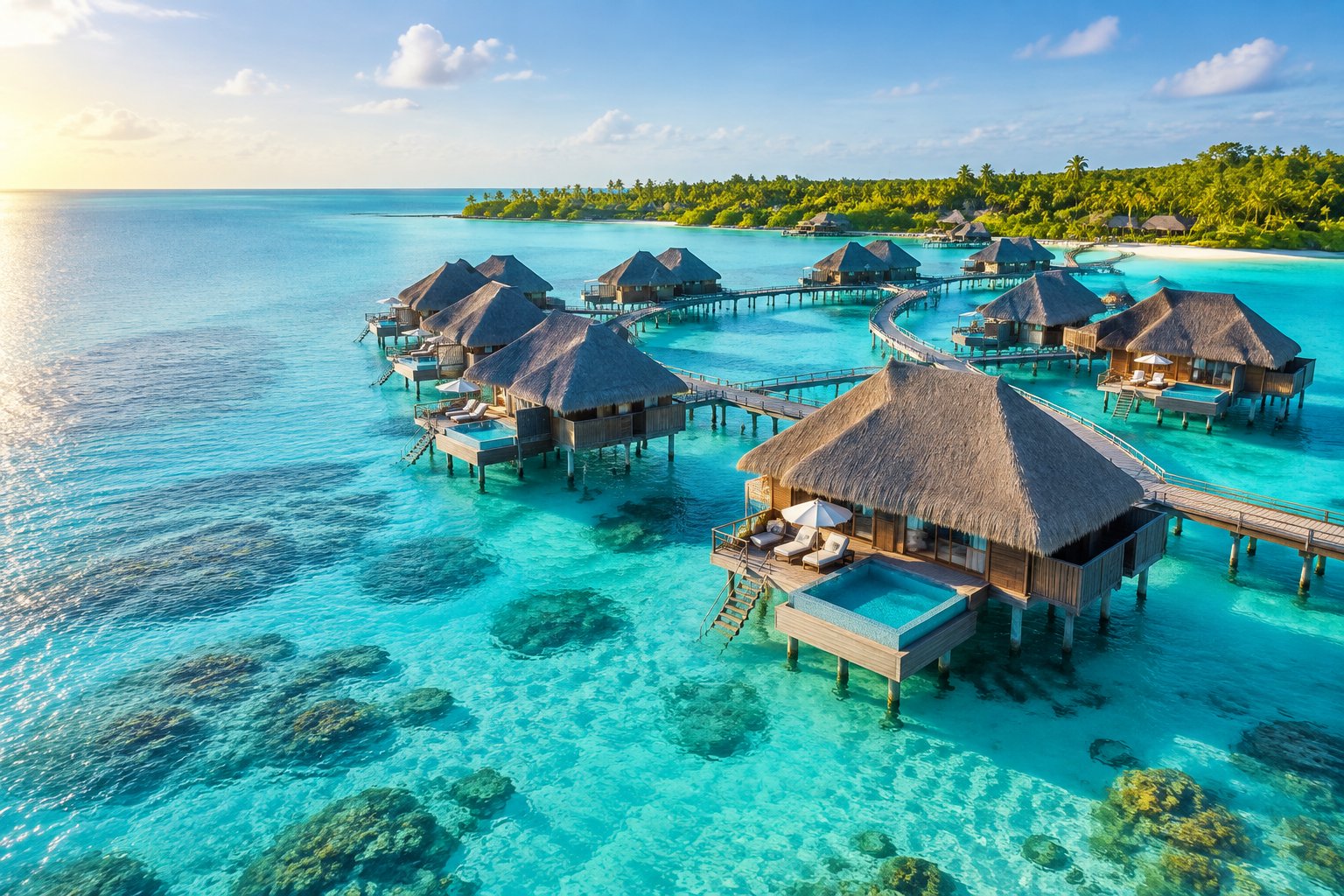 Luxury overwater bungalows connected by wooden walkways above a turquoise tropical lagoon.