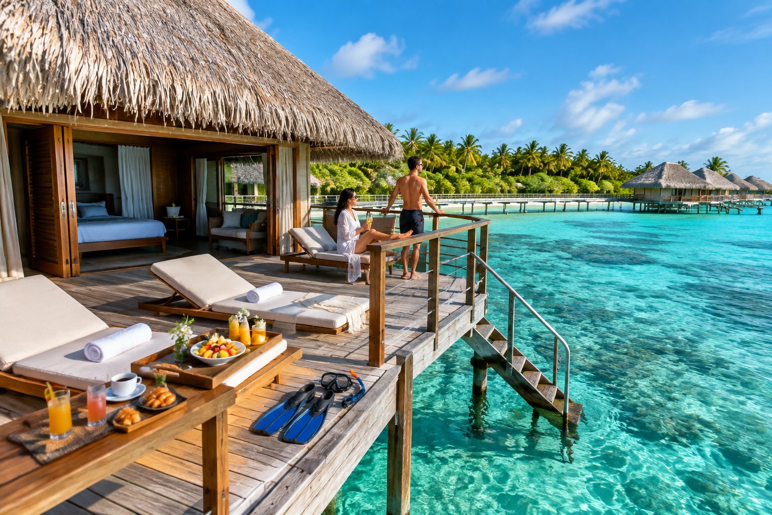 A couple relaxes on the deck of an overwater bungalow with breakfast and drinks overlooking a turquoise lagoon.