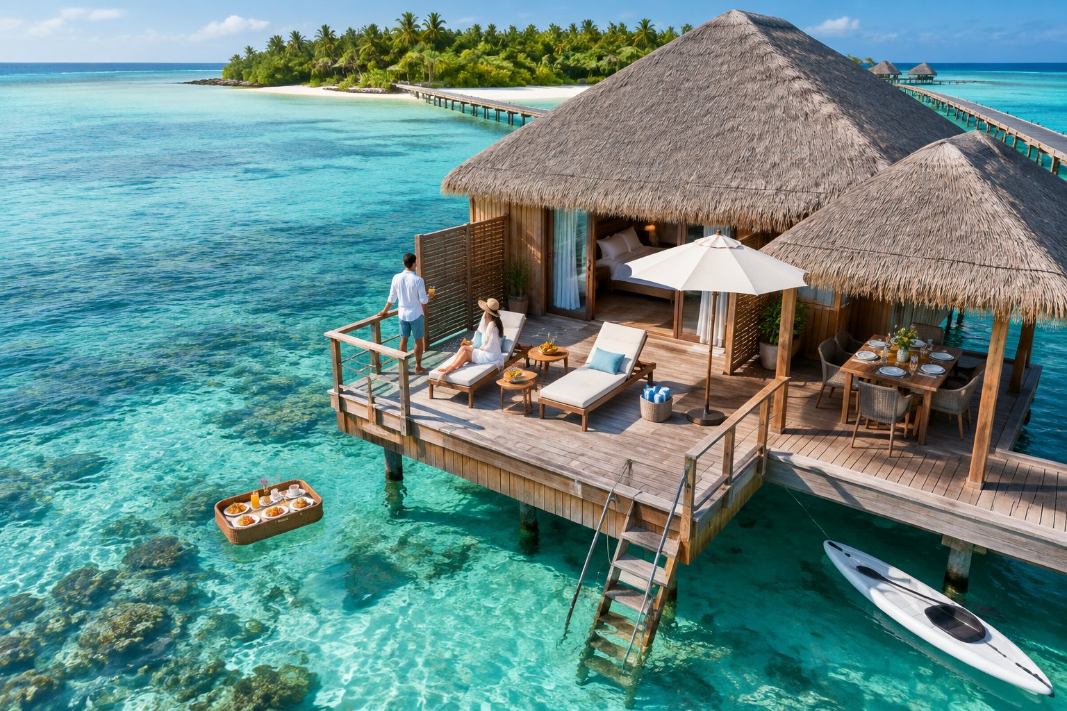 A luxury overwater bungalow with dining, drinks, lounge chairs, and water activities on a tropical turquoise lagoon.