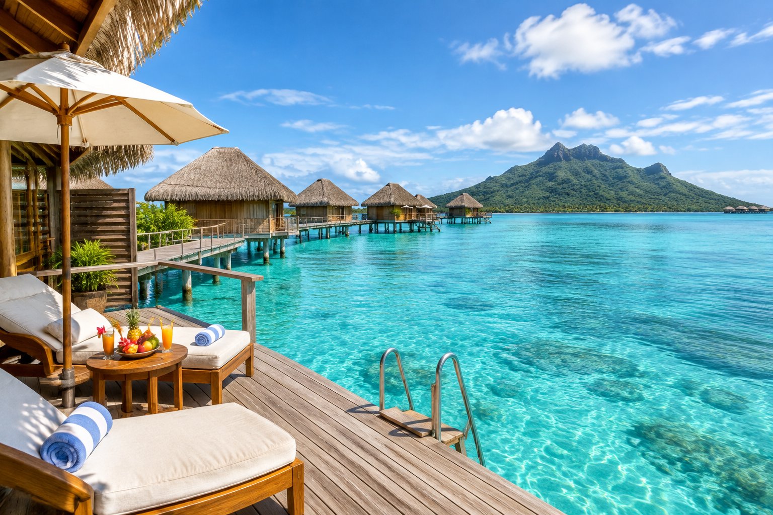 A luxury overwater bungalow beside a clear turquoise lagoon, with a tropical island in the background.