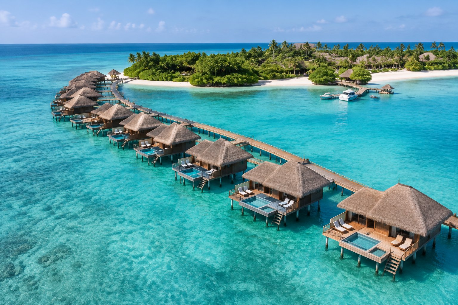 Overwater bungalows line a turquoise lagoon beside a lush tropical island.