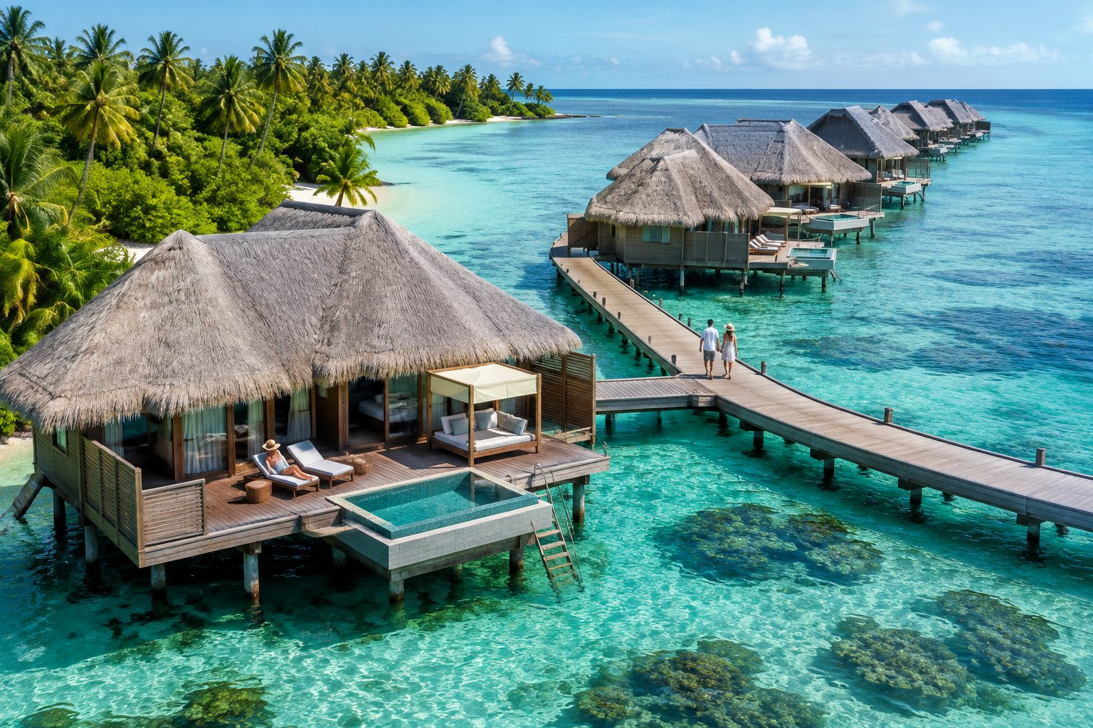 Luxury overwater bungalows connected by a boardwalk above a clear turquoise lagoon.